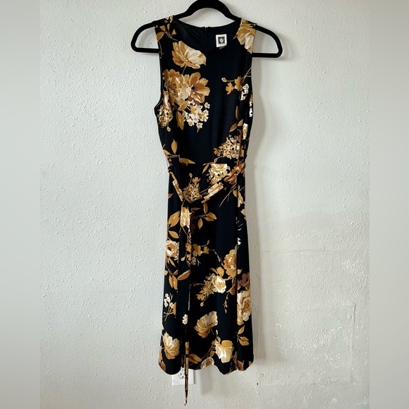 NWT Anne Klein black/mustard yellow floral tie waist sleeveless midi dress sz 6 - Picture 2 of 10